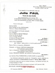 Julie Paul veuve de Jean Klein, décédée à Malmedy, le 28 Janvier 1993 (81 ans).